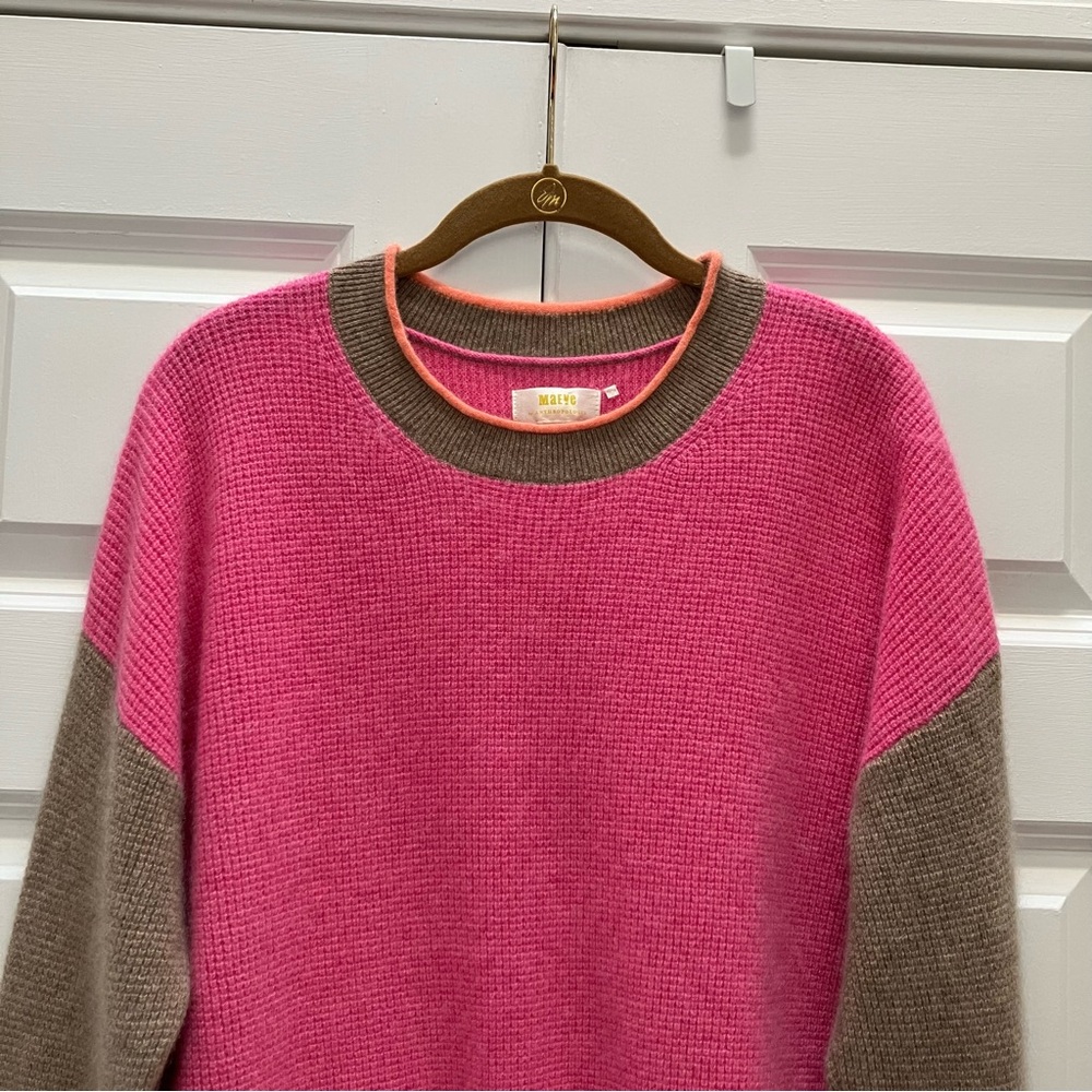 Maeve Anthropologie 100% Cashmere Colorblock Sweater Waffle Knit Pink Large - Picture 4 of 14